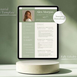 May include: A digital resume template displayed on a tablet screen, featuring a sage green and cream color scheme. The document includes sections for experience, education, and qualifications, with the name Alex Morgan and the text Soft Editorial Resume Template and Instant Download visible.