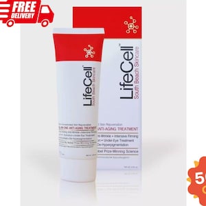 May include: A white and red tube of LifeCell South Beach Skincare All-In-One Anti-Aging Treatment next to its matching rectangular box. The packaging features the brand name, a molecular icon, and text describing it as an anti-wrinkle treatment.