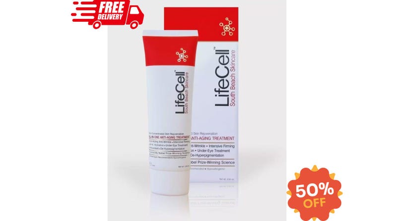 May include: A white and red tube of LifeCell South Beach Skincare All-In-One Anti-Aging Treatment next to its matching rectangular box. The packaging features the brand name, a molecular icon, and text describing it as an anti-wrinkle treatment.