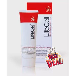 May include: A white and red tube and matching box of LifeCell South Beach Skincare All-In-One Anti-Aging Treatment. The packaging features black text, a red top section, and a small graphic of a thumbs-up with the text Best Deal in red and yellow.