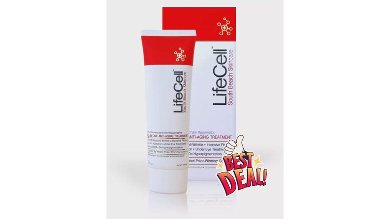 May include: A white and red tube and matching box of LifeCell South Beach Skincare All-In-One Anti-Aging Treatment. The packaging features black text, a red top section, and a small graphic of a thumbs-up with the text Best Deal in red and yellow.
