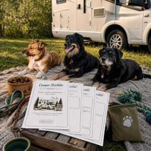 May include: Three dogs resting on a blanket with a Camper Startklar planner, a brown bowl with treats, a green treat pouch with a white paw print, and a rope toy. The planner features a graphic of a camper van, trees, and mountains with the text Camper Startklar.
