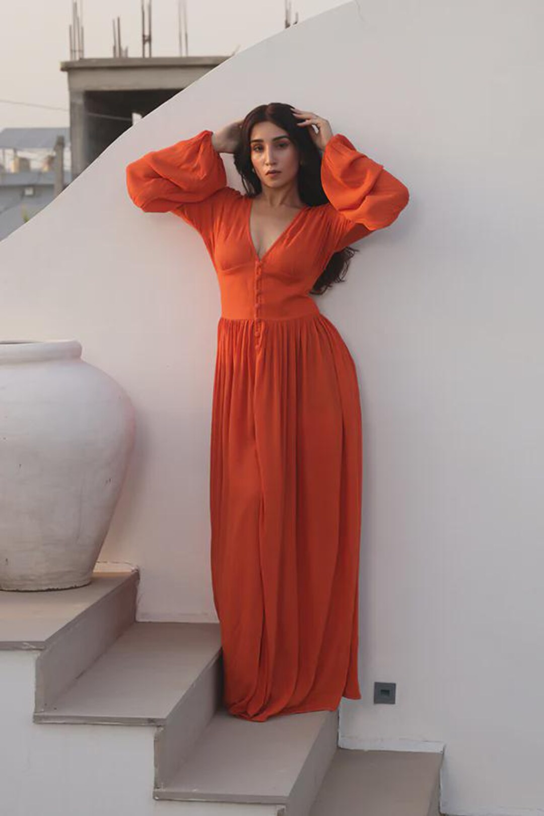 Rust Orange Boho Maxi Dress, Deep V Neck, Long Bishop Sleeves, Flowy ...