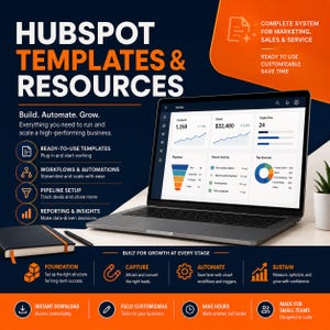 May include: A laptop displaying a business dashboard with charts and data, surrounded by text promoting HubSpot templates and resources. The graphic includes icons for workflows, pipelines, and reporting, with a notebook and pen nearby.