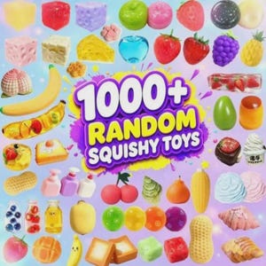 Puede incluir: Una colección de varios juguetes squishy coloridos con formas de frutas, verduras, aperitivos y botellas, rodeando un gráfico central morado y amarillo con el texto 1000+ RANDOM SQUISHY TOYS en letras blancas y amarillas en negrita.