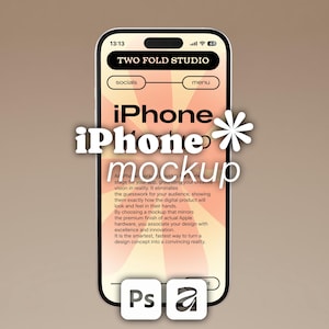 Puede incluir: Un teléfono inteligente que muestra una interfaz digital con el texto TWO FOLD STUDIO, iPhone y mockup. La pantalla presenta un fondo de rayos de sol color melocotón, texto descriptivo e iconos pequeños de Photoshop y Adobe en la parte inferior.