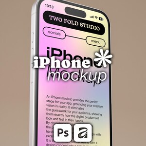 May include: A smartphone displaying a website for Two Fold Studio with a gradient background. The screen shows the text iPhone mockup, Photoshop and Adobe icons, and descriptive text about digital product presentation on a mobile device interface.