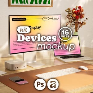 May include: A digital devices mockup kit featuring a desktop computer monitor, a laptop, a small computer tower, and a smartphone. The screens display a gradient yellow and pink interface with the text Two Fold Studio, 16 Files, and Devices mockup.