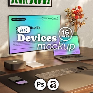 May include: A digital devices mockup kit featuring a desktop monitor, laptop, and compact computer on a desk. The screen displays a gradient interface with text including Two Fold Studio, Devices mockup, and 16 Files. Includes Ps and Adobe icons.