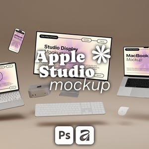 Minimalistic Multi Device Mockup PSD Affinity, Responsive Website UI, Floating Apple Screens, Elegant Mac iPad iPhone Laptop Presentation