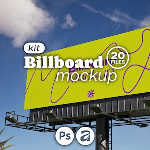 May include: A large outdoor billboard mockup kit featuring a bright lime green display surface with purple line art and a small purple asterisk. The text reads kit Billboard mockup and 20 FILES, with Ps and a icons visible at the bottom.