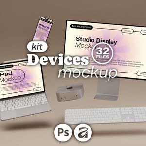May include: A digital device mockup kit featuring a computer monitor, tablet with keyboard, smartphone, and a compact desktop computer. The screens display text including "Studio Display Mockup," "iPad Mockup," and "iPhone Mockup" with 32 files.