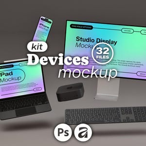 May include: A digital devices mockup kit featuring a computer monitor, tablet with keyboard, smartphone, and a small square console. The screens display a gradient interface with text including Two Fold Studio, Studio Display Mockup, and iPad Mockup.
