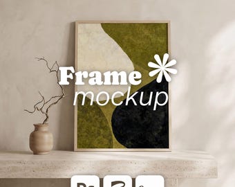 Leaning Vertical Frame Mockup: Japandi & Warm Minimalism Interior, Thin Wood Poster Display (PSD, Canva, Affinity, DIN A Ratio)
