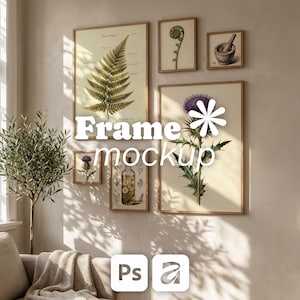 May include: A gallery wall arrangement featuring six framed botanical prints in light wood frames. The prints display illustrations of a fern, a thistle, a mortar and pestle, and a glass bottle with herbs. The text Frame mockup is centered.