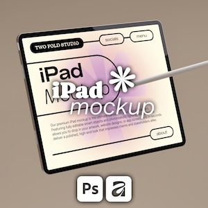 May include: A digital tablet displaying a screen with the text TWO FOLD STUDIO, socials, menu, iPad, iPad mockup, and about. A white stylus rests on the screen. Below the tablet are two square icons featuring the letters Ps and a stylized letter a.
