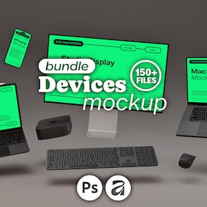 May include: A digital devices mockup bundle featuring a computer monitor, laptop, tablet, smartphone, keyboard, mouse, and small console, all displaying bright green screens with the text bundle Devices mockup and 150+ FILES.