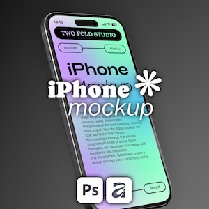 Könnte beinhalten: Ein Smartphone mit einer digitalen Benutzeroberfläche auf einem violett-grünen Farbverlaufshintergrund. Der Bildschirm zeigt den Text TWO FOLD STUDIO, iPhone mockup sowie Ps und a Symbole. Das Gerät ist schräg abgebildet.