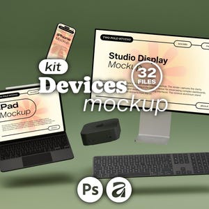 May include: A digital devices mockup kit featuring a computer monitor, tablet, smartphone, keyboard, and small console. The screens display text including "Studio Display Mockup," "iPad Mockup," and "iPhone Mockup," with "32 FILES" in a circle.