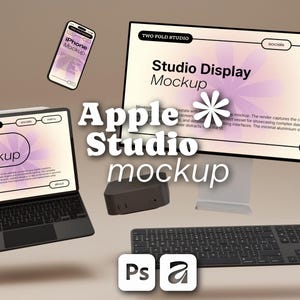 Maquette d'écran Apple Studio Display, iPhone, iPad, maquette PSD multi-appareils, présentation de site web, modèle de présentation de conception d'interface utilisateur et d'expérience utilisateur