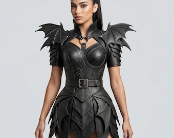 Vestido corsé de cuero negro para mujer, disfraz de armadura de hombreras con alas de murciélago, materiales de vaca.