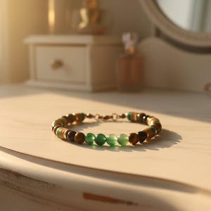 Llama Terrenal – Pulsera de calcedonia verde, ojo de tigre y obsidiana