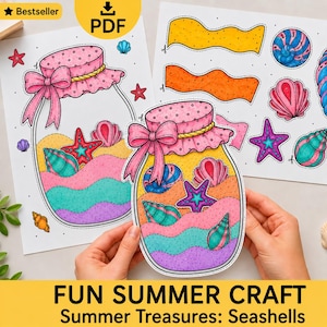 Seashell Bottle Craft Template, Paper Summer Ocean Activity for Kids (Printable PDF)