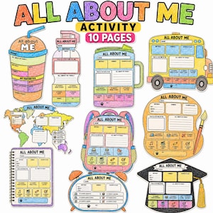Könnte beinhalten: Eine Sammlung von zehn druckbaren Aktivitätsblättern mit dem Titel All About Me, die verschiedene Formen wie einen Schulbus, Rucksack, eine Weltkarte und einen Becher zeigen. Jedes Blatt enthält leere Felder für persönliche Angaben und Hobbys.