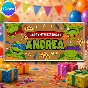 Green Ninja Turtle Birthday Banner Canva Template, 4th Birthday Party Backdrop, 72x24 Inch Editable Banner, Pizza Party Digital Download