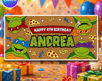 Green Ninja Turtle Birthday Banner Canva Template, 4th Birthday Party Backdrop, 72x24 Inch Editable Banner, Pizza Party Digital Download