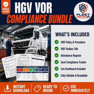 May include: An HGV VOR Compliance Bundle featuring a white truck, a VOR policy and procedure document, a toolbox talk sheet, an attendance register, and a compliance dashboard. The text includes 'HGV VOR COMPLIANCE BUNDLE', 'WHAT'S INCLUDED', and 'DVSA ALIGNED'.