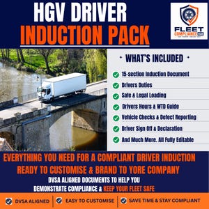Puede incluir: Un paquete de inducción para conductores de vehículos pesados de Fleet Compliance Hub. Incluye un documento de inducción de 15 secciones, deberes del conductor, carga segura y legal, guía de horas de conducción y WTD, controles y reportes.