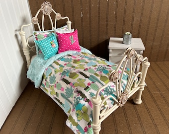 Minky Doll Beding, Aqua Cactus/ with Reversible Aqua Minky, Fits American Girl ,18-20" dolls,4 Decorative pillows # 4