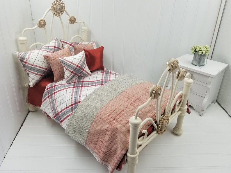 American Girl Doll Bedding 18 Country Farm House C Plaid Coordinating Fabric Satin Sheet 6 Decorative Pillows 128