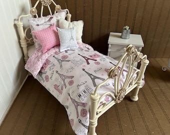 Minky Doll Bedding, Pink sparkle Paris/ Reversible Pink Minky, Fits American girl Doll, 18-20" dolls,4 Decorative pillows # 3