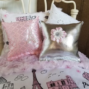 Minky Doll Bedding, Pink Paris/With Reversible Pink Minky ,Fits American Girl Doll, 18-20 Dolls, 4 Decorative pillows 3 image 2