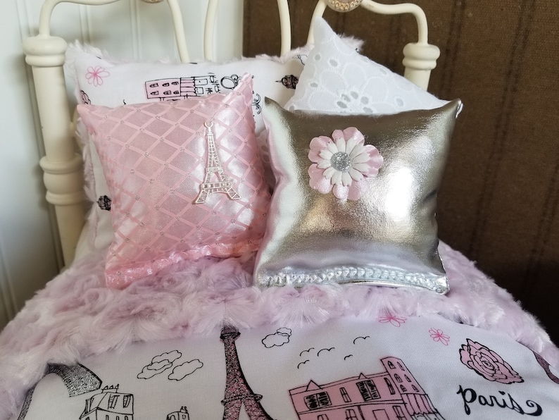 Minky Doll Bedding, Pink Paris/With Reversible Pink Minky ,Fits American Girl Doll, 18-20 Dolls, 4 Decorative pillows 3 image 2