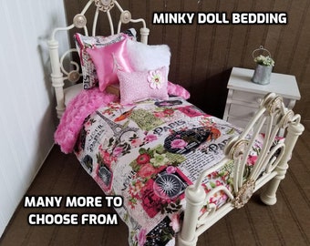 Minky Doll Bedding, Paris /with Reversible Pink  Minky,Fits American Girl Doll, 18-20" Dolls, 4 Decorative pillows # 1