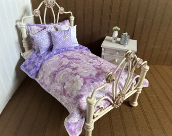 Minky Doll Bedding.Purple Floral/ Reversible Purple Minky,Fits American Girl 18-20" dolls,4 Decorative pillows # 2