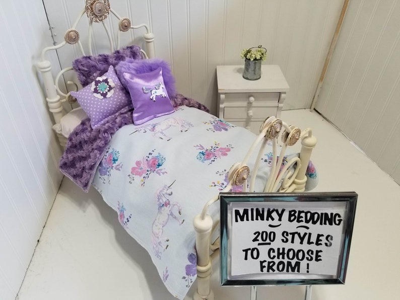 American Girl Doll 18 Inch Unicorns Doll Bedding With Reversible Purple Minky 4 Decorative Pillows 430