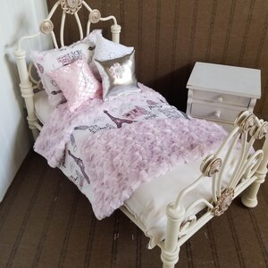 Minky Doll Bedding, Pink Paris/With Reversible Pink Minky ,Fits American Girl Doll, 18-20 Dolls, 4 Decorative pillows 3 image 3