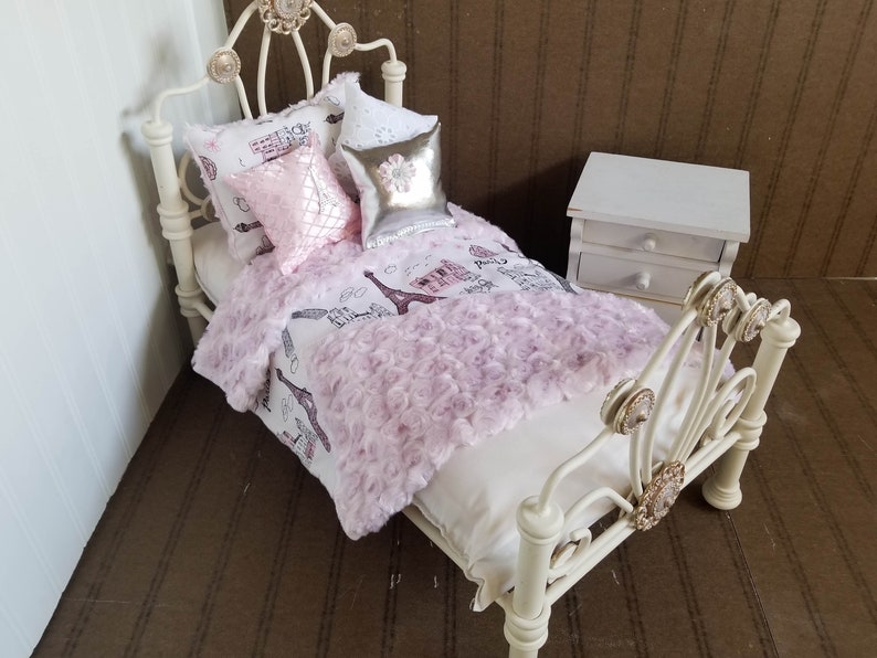 Minky Doll Bedding, Pink Paris/With Reversible Pink Minky ,Fits American Girl Doll, 18-20 Dolls, 4 Decorative pillows 3 image 3