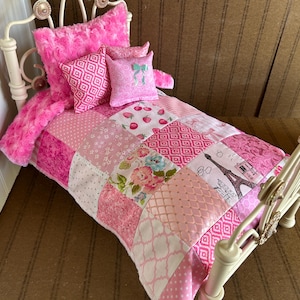 Minky Doll Bedding, Pink Patchwork, 1 of a kind. Reversible Pink Minky, Fits American girl Doll, 18-20" dolls,4 Decorative pillows # 5