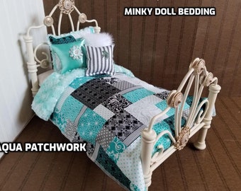 Minky Doll Bedding,Aqua Patchwork/with Reversible Aqua minky ,Fits American Girl Doll, 18-20" Dolls,4 Decorative pillows  # 2