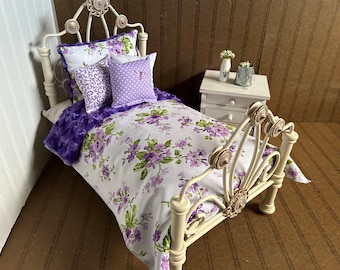 Minky Doll Bedding.Purple Floral/ Reversible Purple Minky,Fits American Girl 18-20" dolls,4 Decorative pillows # 3