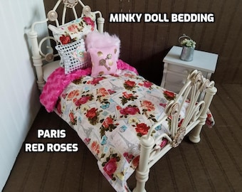 Minky Doll Bedding,Red Rose Paris/ with Reversible  Pink Minky,Fits American Girl Doll, 18-20" Dolls,  4 Dec. pillows # 1