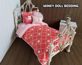 Minky Doll Bedding,Coral Lattice/ with Reversible Coral Minky,Fits American Girl Doll, 18-20" Dolls,  4 Decorative pillows . # 1