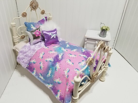 American Girl Doll 18 Inch Unicorn Purple Doll Bedding With Reversible Purple Minky 4 Decorative Pillows 31