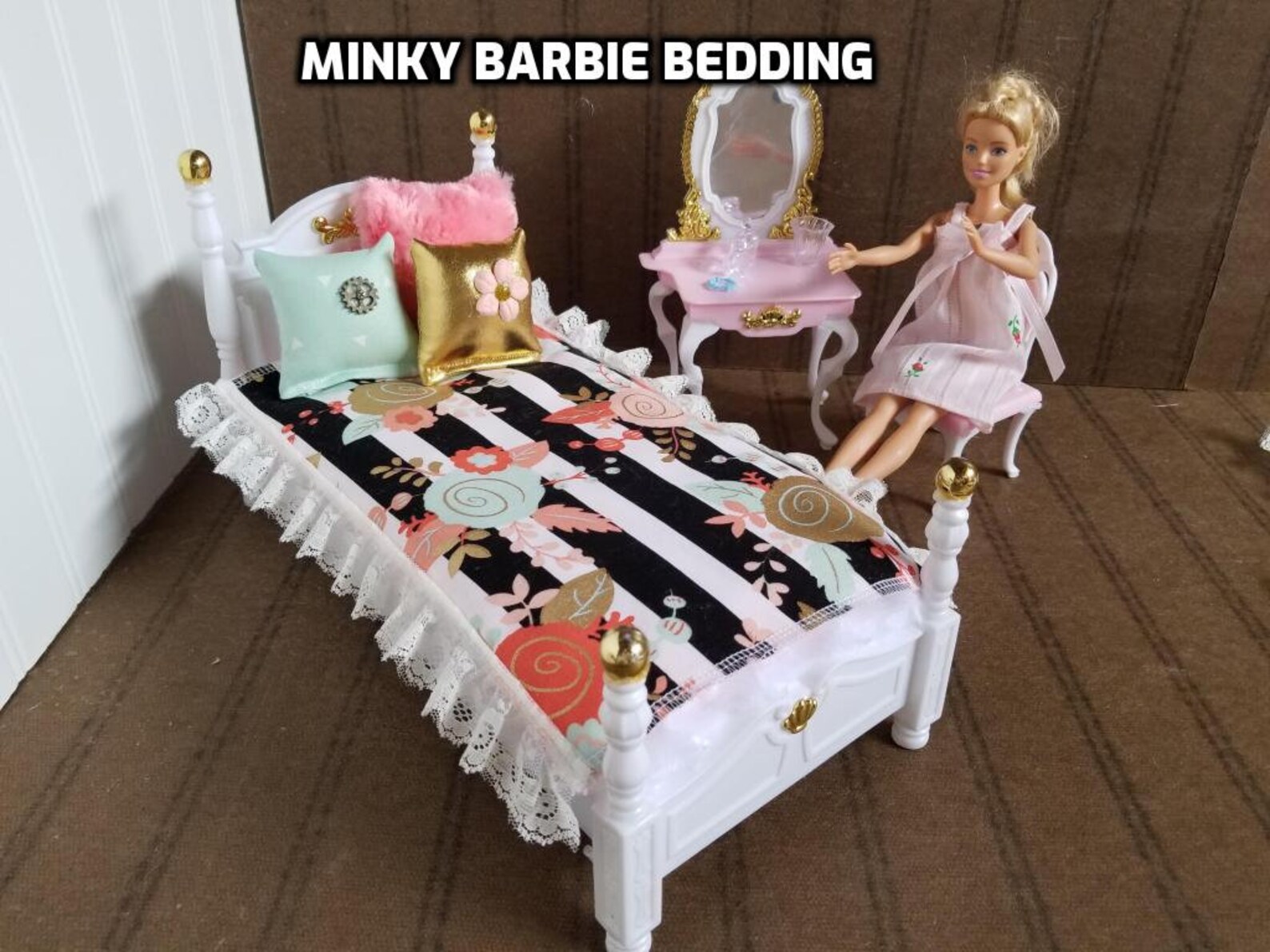 BARBIE BEDDING Black with aqua and coral Floral with Etsy