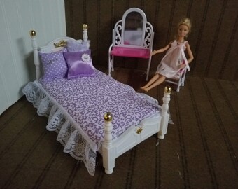 MINKY BARBIE BEDDING, Purple swirl with purple minky on back 3 decorative pillows